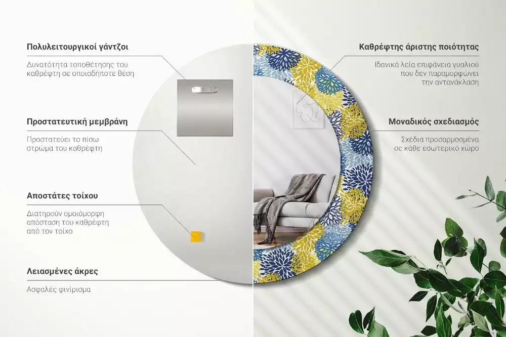 Miroir rond cadre avec impression Fleurs bleues