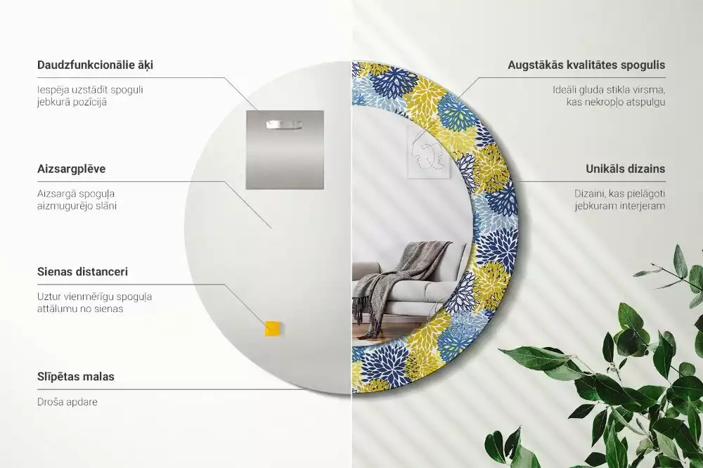 Miroir rond cadre avec impression Fleurs bleues