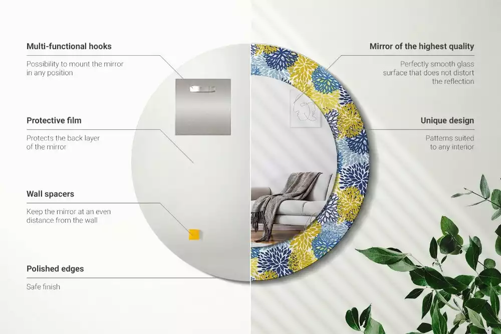 Miroir rond cadre avec impression Fleurs bleues