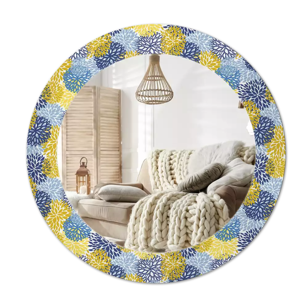 Miroir rond cadre avec impression Fleurs bleues