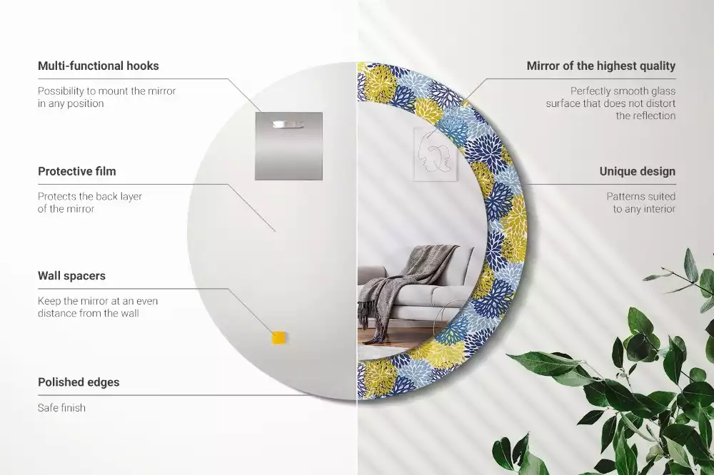 Miroir rond cadre avec impression Fleurs bleues