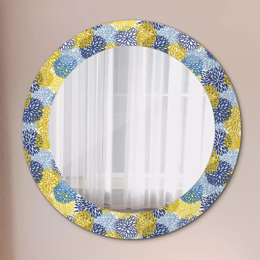 Miroir rond cadre avec impression Fleurs bleues
