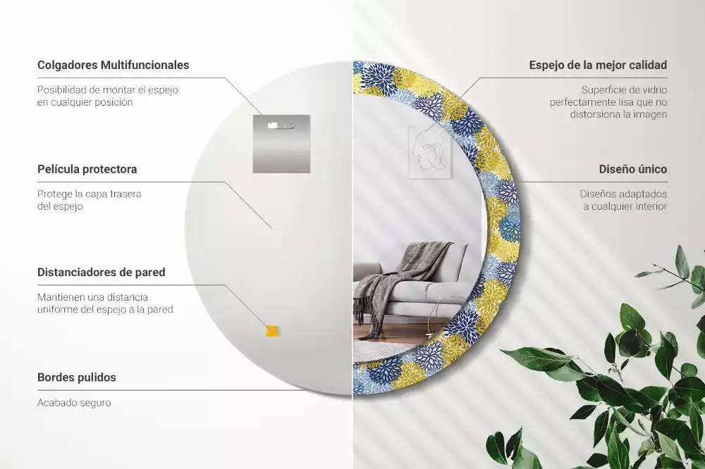 Miroir rond cadre avec impression Fleurs bleues