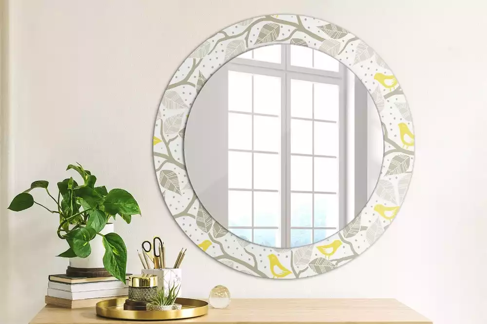 Miroir rond avec décoration Oiseaux jaunes sur les branches