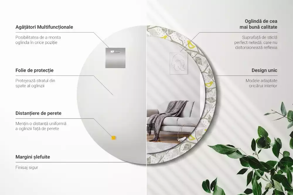 Miroir rond avec décoration Oiseaux jaunes sur les branches