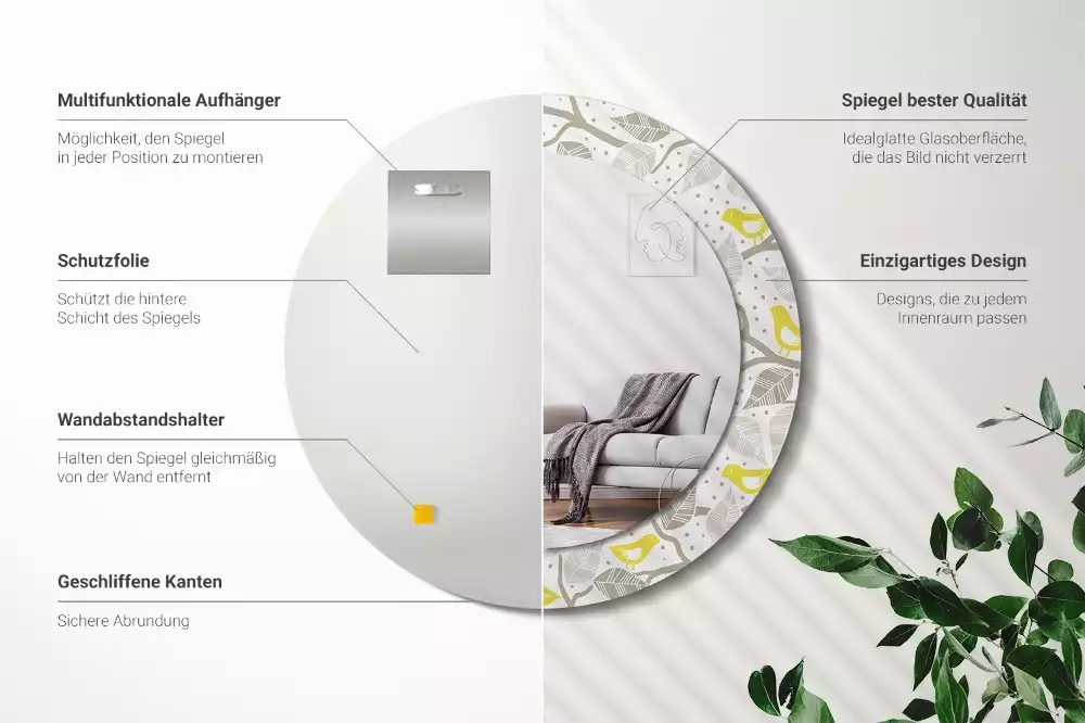Miroir rond avec décoration Oiseaux jaunes sur les branches