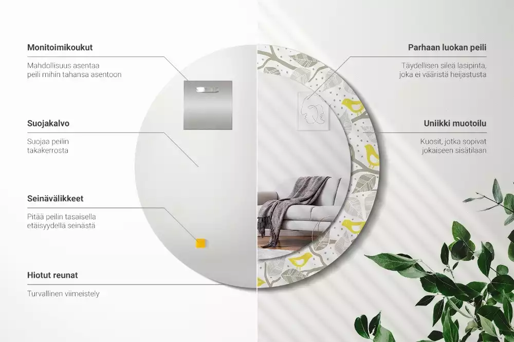 Miroir rond avec décoration Oiseaux jaunes sur les branches