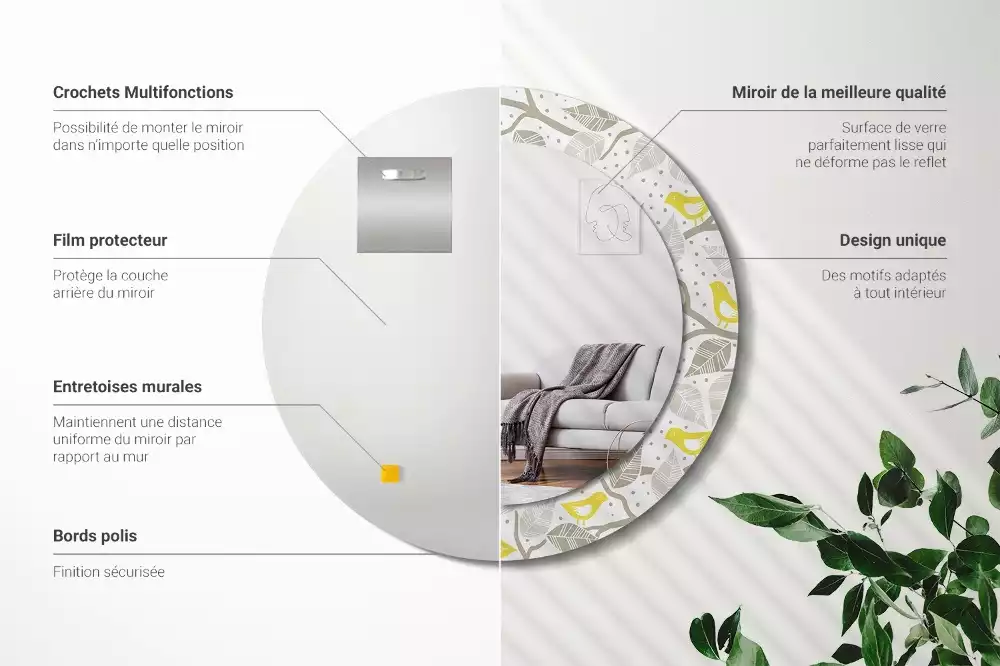 Miroir rond avec décoration Oiseaux jaunes sur les branches