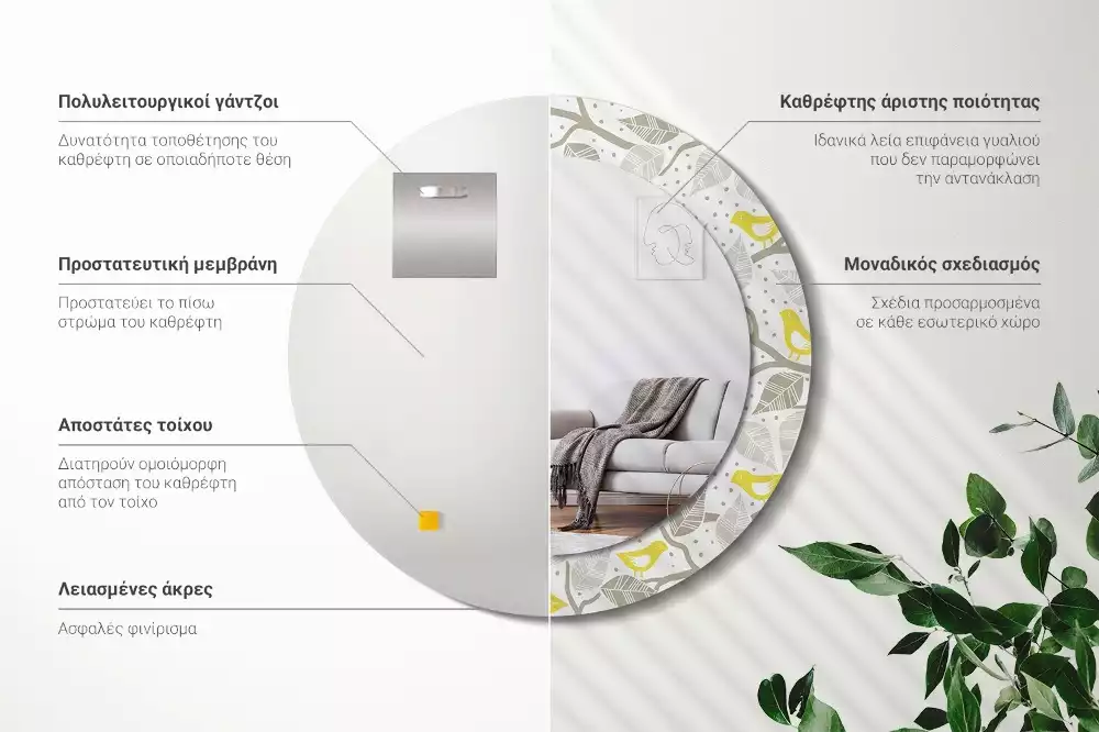 Miroir rond avec décoration Oiseaux jaunes sur les branches