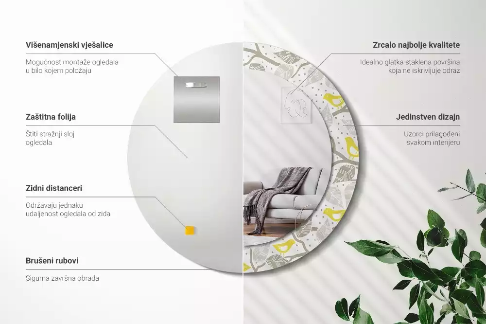 Miroir rond avec décoration Oiseaux jaunes sur les branches
