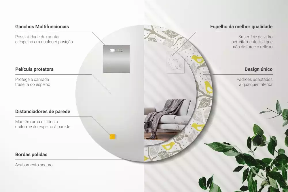 Miroir rond avec décoration Oiseaux jaunes sur les branches