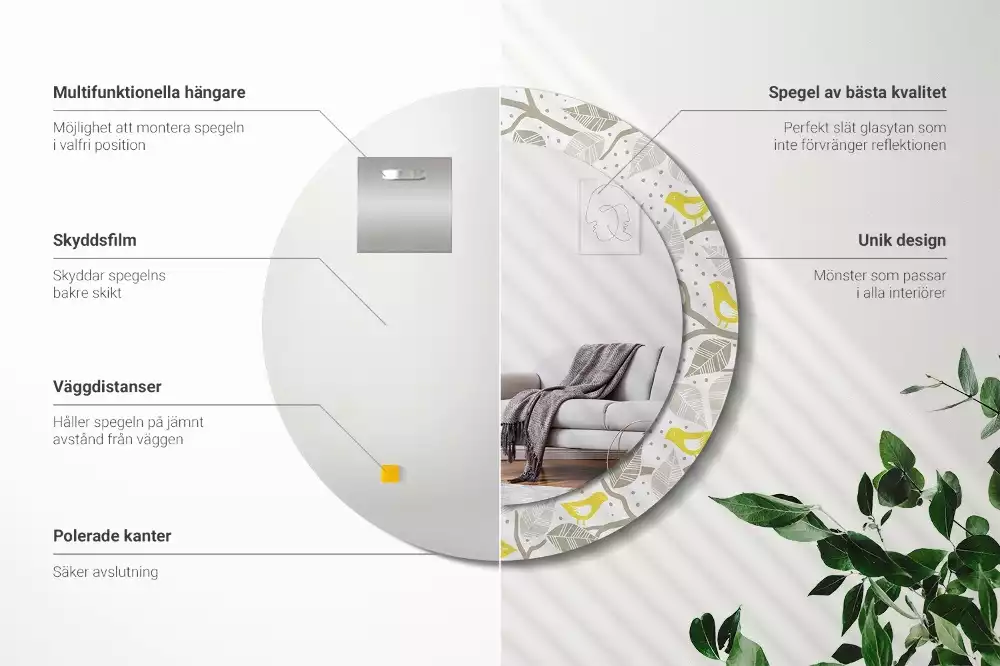 Miroir rond avec décoration Oiseaux jaunes sur les branches