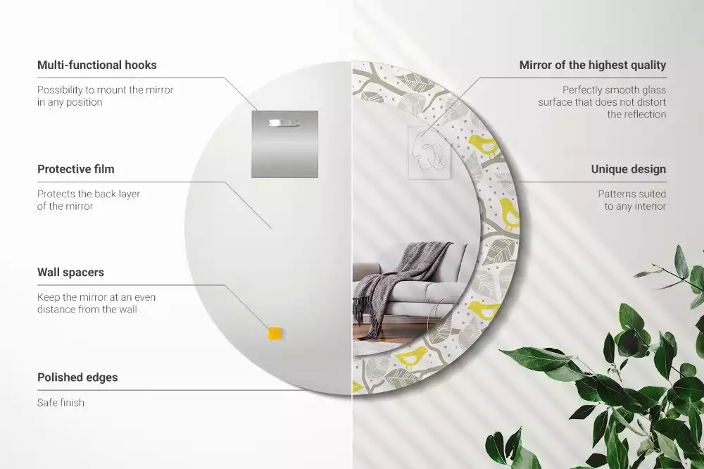 Miroir rond avec décoration Oiseaux jaunes sur les branches