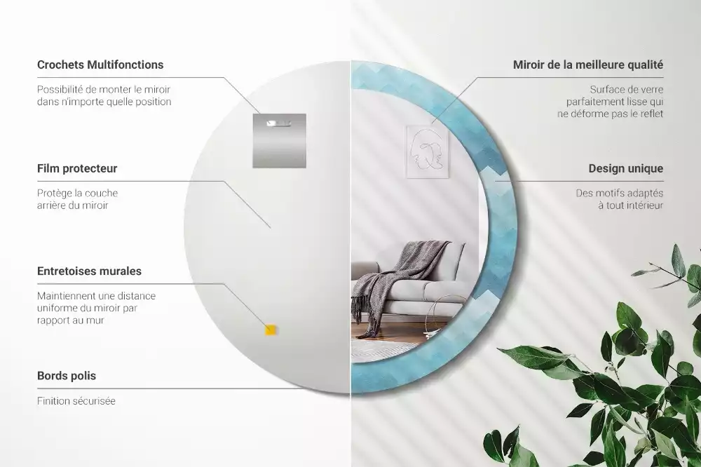 Miroir rond cadre avec impression Chevron bleu