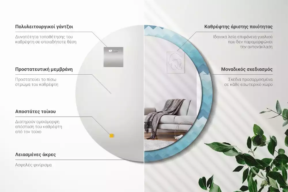 Miroir rond cadre avec impression Chevron bleu