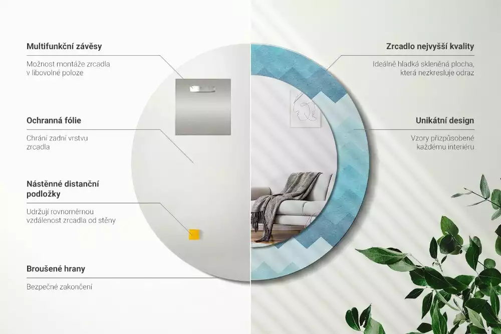 Miroir rond cadre avec impression Chevron bleu