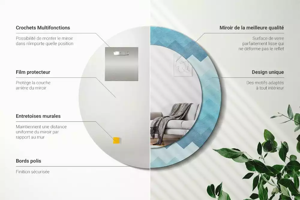 Miroir rond cadre avec impression Chevron bleu