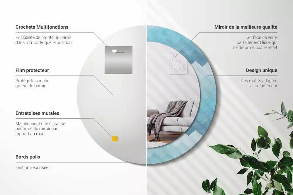 Miroir rond cadre avec impression Chevron bleu