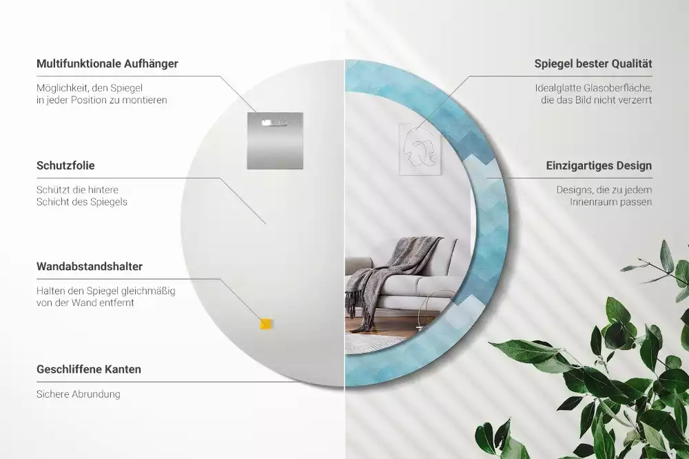 Miroir rond cadre avec impression Chevron bleu