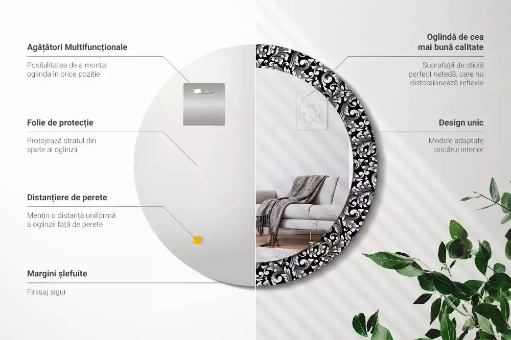 Miroir rond cadre avec impression Ornement