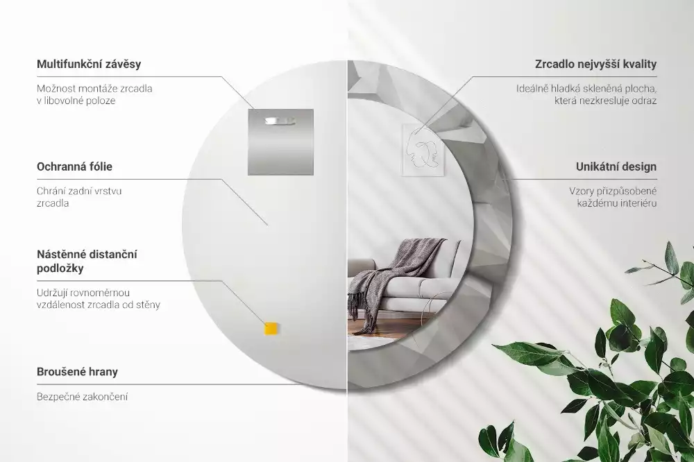 Miroir rond imprimé Cristal blanc abstrait