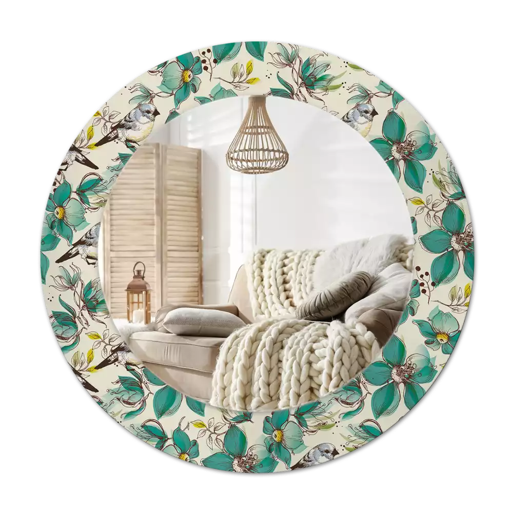 Miroir rond cadre avec impression Fleurs et oiseaux