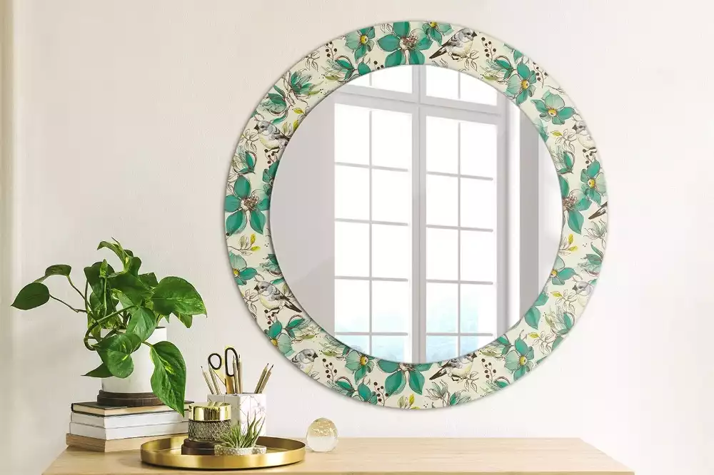 Miroir rond cadre avec impression Fleurs et oiseaux