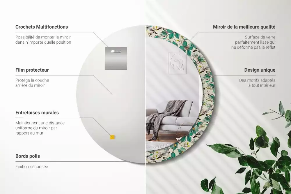 Miroir rond cadre avec impression Fleurs et oiseaux