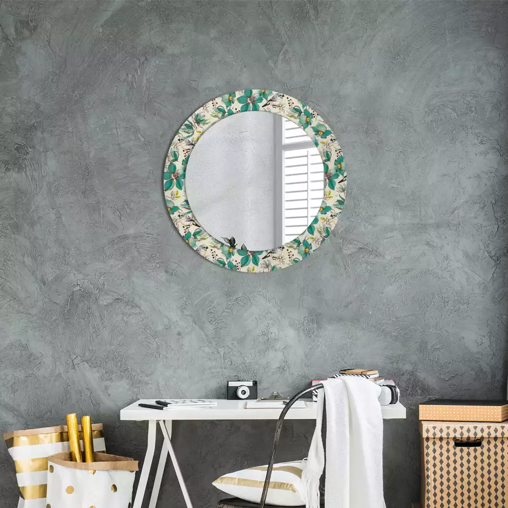Miroir rond cadre avec impression Fleurs et oiseaux