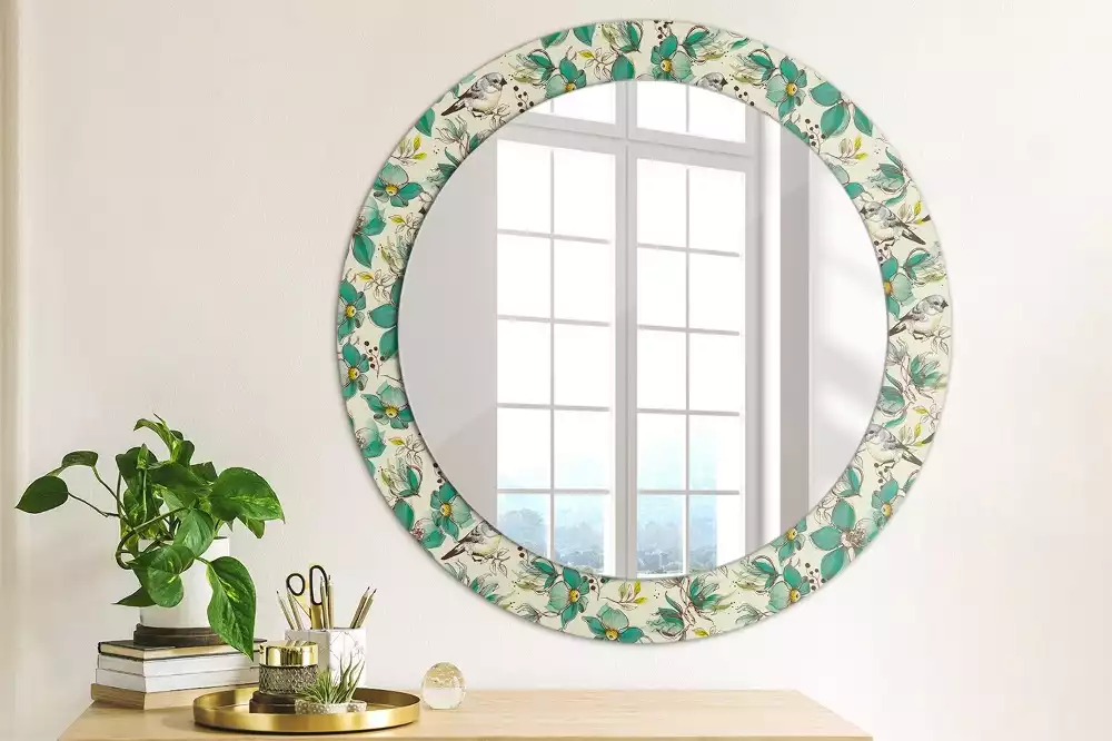 Miroir rond cadre avec impression Fleurs et oiseaux
