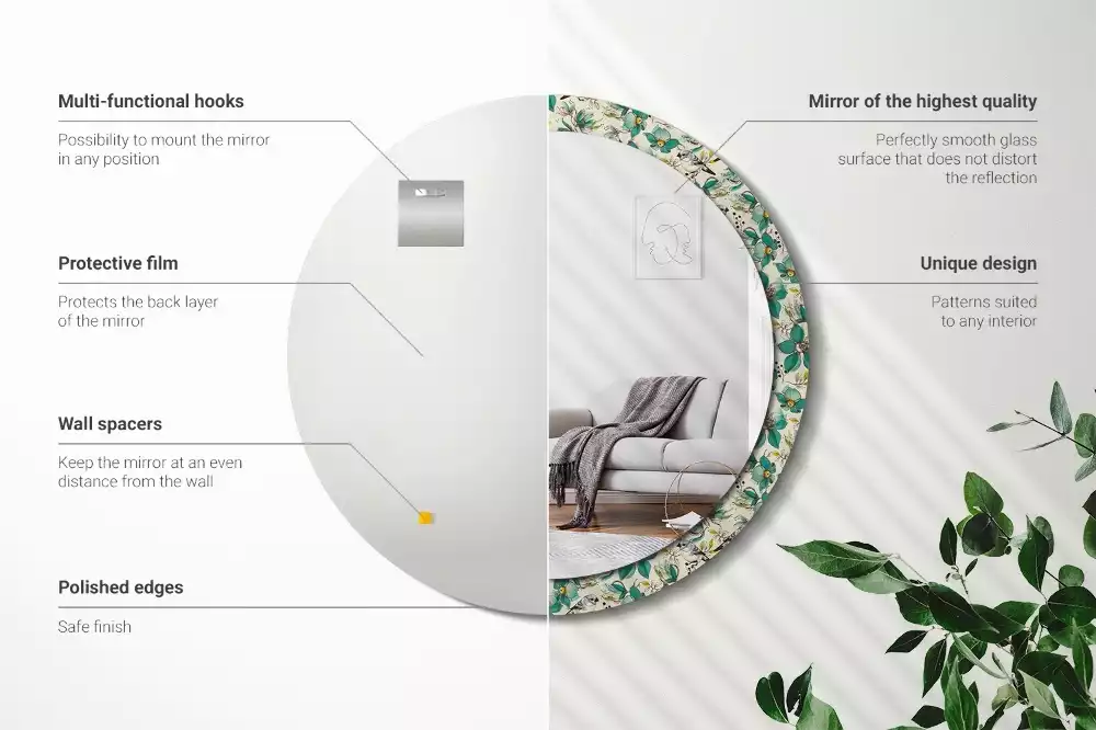 Miroir rond cadre avec impression Fleurs et oiseaux