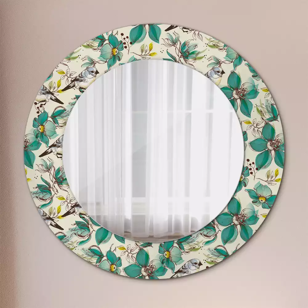 Miroir rond cadre avec impression Fleurs et oiseaux