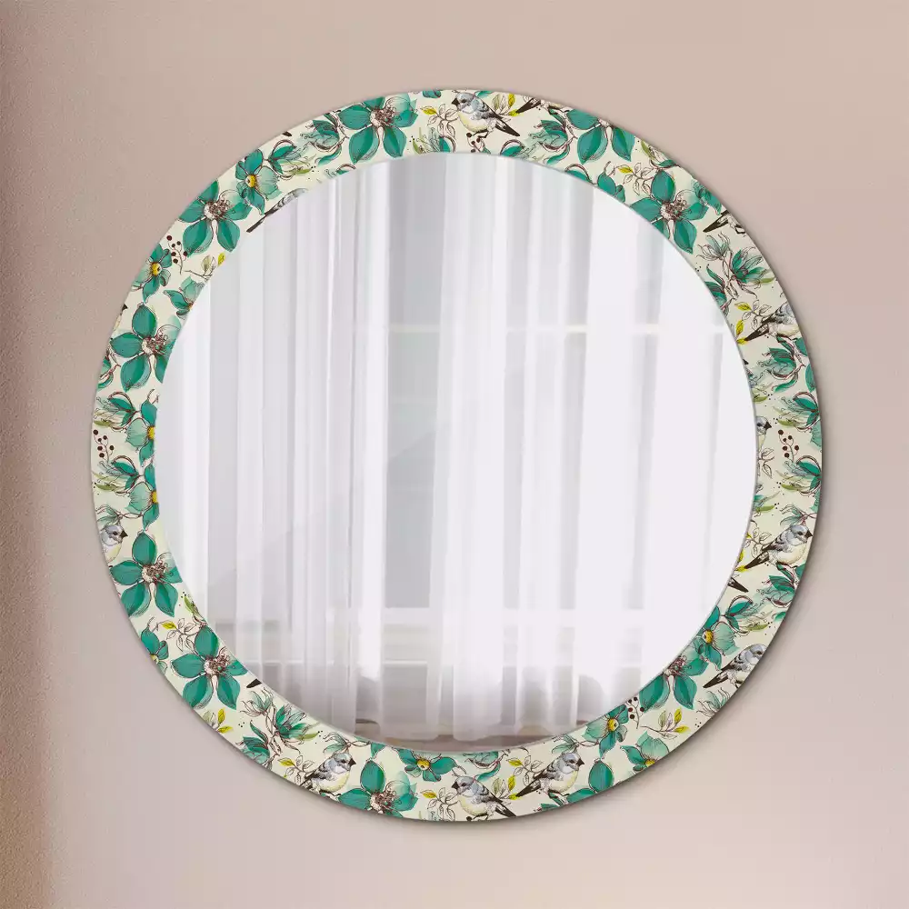Miroir rond cadre avec impression Fleurs et oiseaux