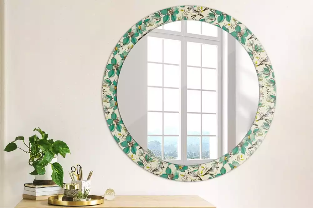 Miroir rond cadre avec impression Fleurs et oiseaux
