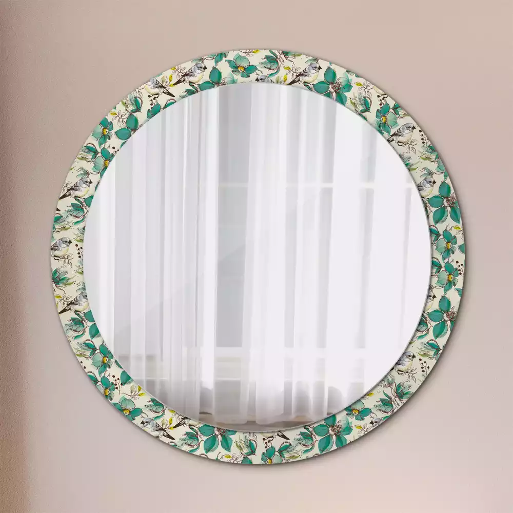 Miroir rond cadre avec impression Fleurs et oiseaux