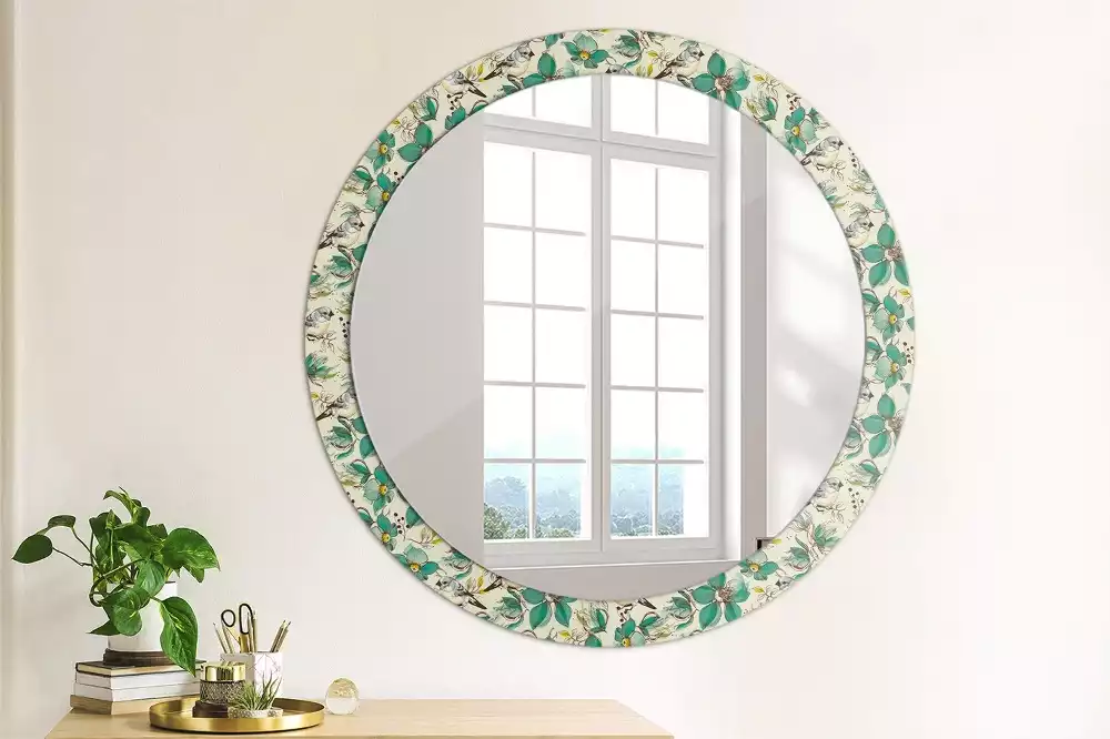 Miroir rond cadre avec impression Fleurs et oiseaux