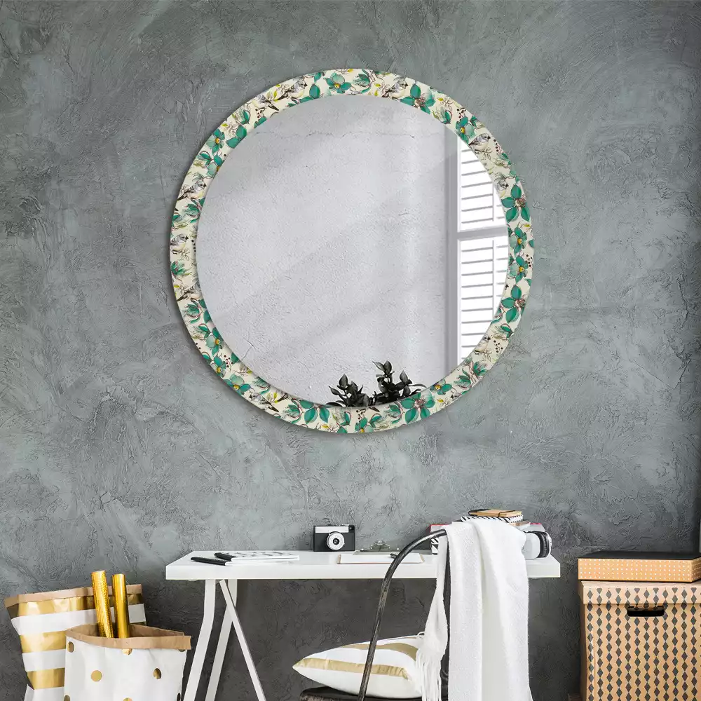 Miroir rond cadre avec impression Fleurs et oiseaux