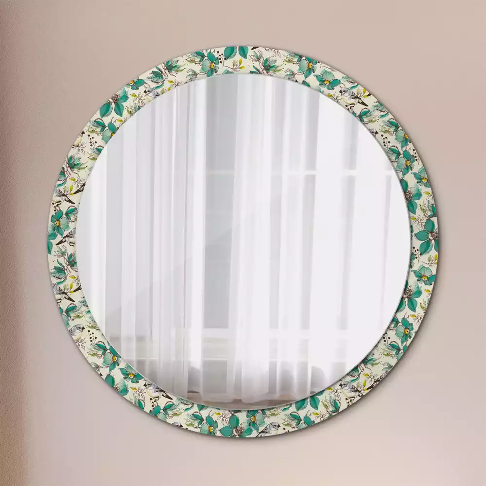 Miroir rond cadre avec impression Fleurs et oiseaux