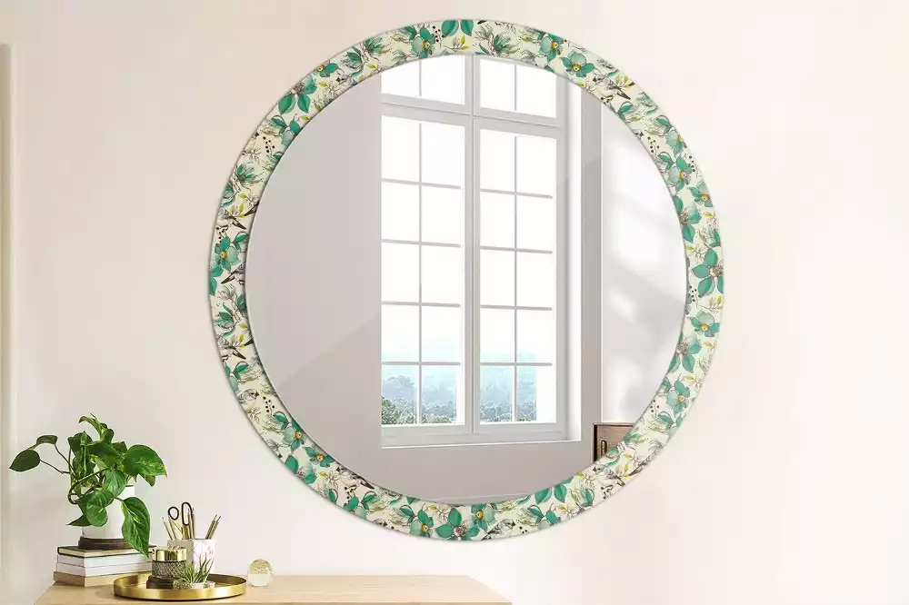 Miroir rond cadre avec impression Fleurs et oiseaux