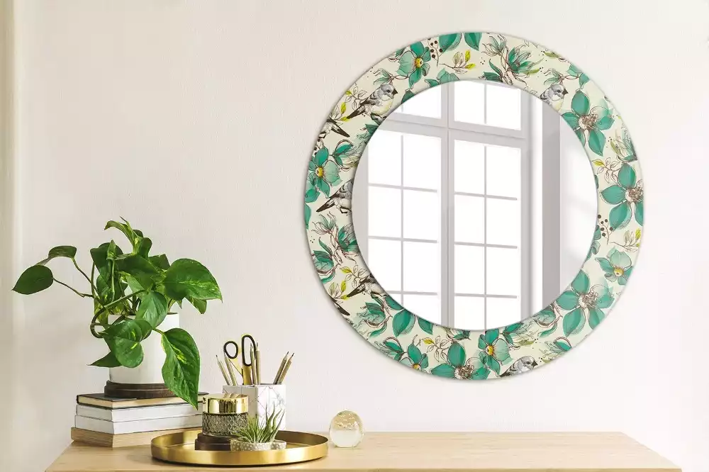 Miroir rond cadre avec impression Fleurs et oiseaux