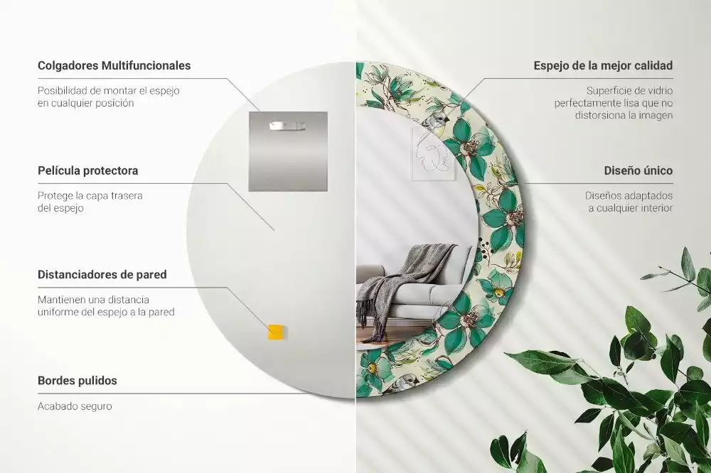 Miroir rond cadre avec impression Fleurs et oiseaux