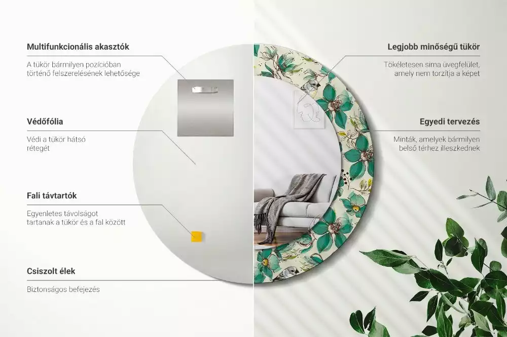 Miroir rond cadre avec impression Fleurs et oiseaux