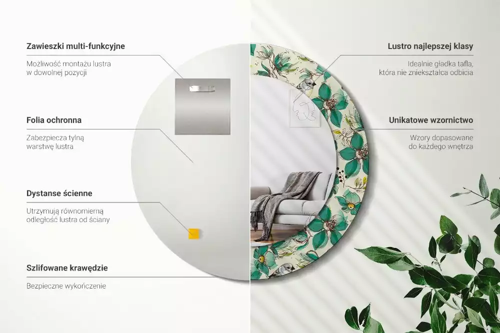 Miroir rond cadre avec impression Fleurs et oiseaux