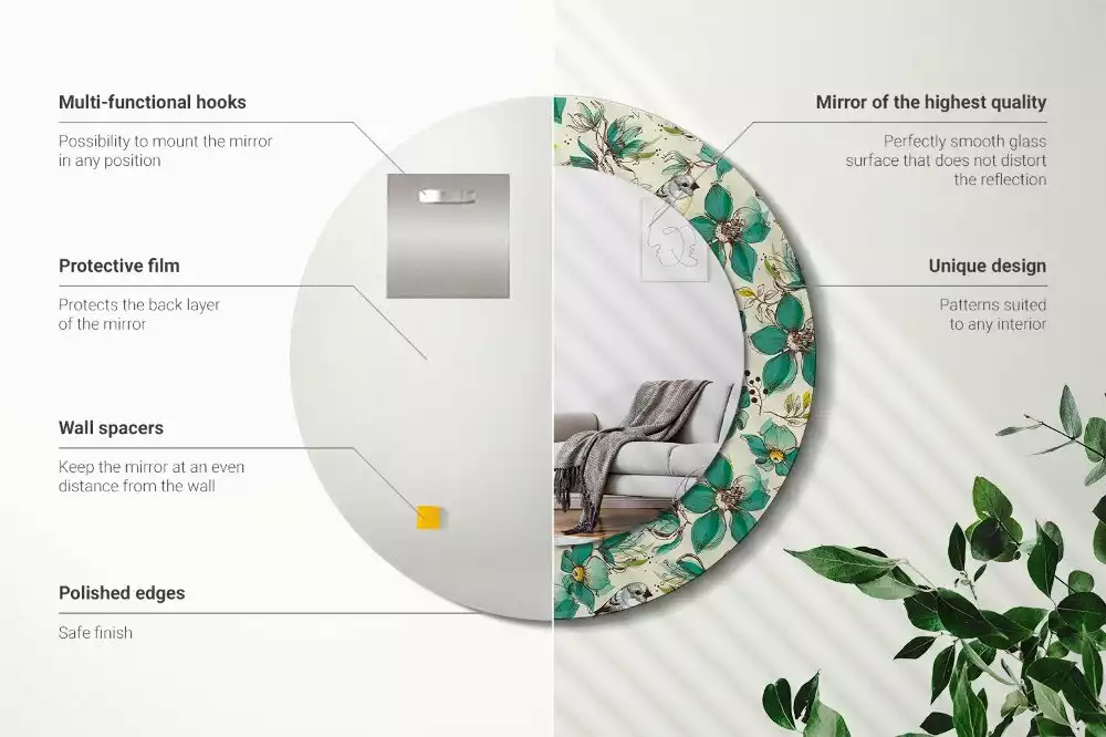 Miroir rond cadre avec impression Fleurs et oiseaux