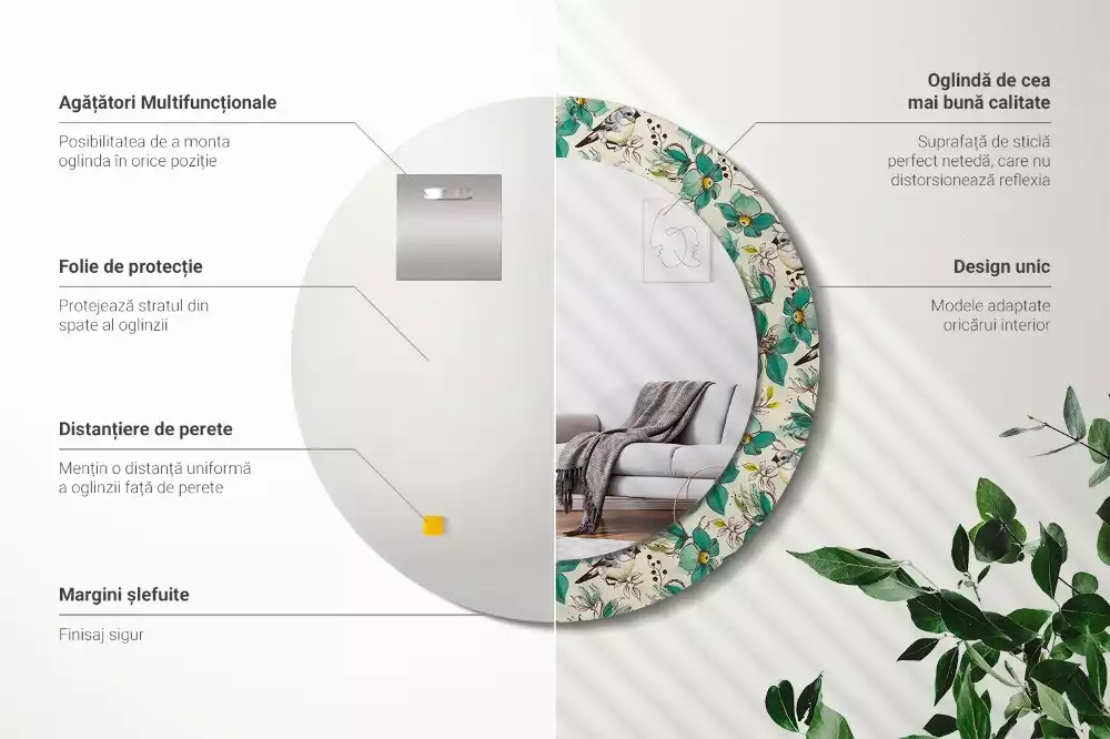 Miroir rond cadre avec impression Fleurs et oiseaux