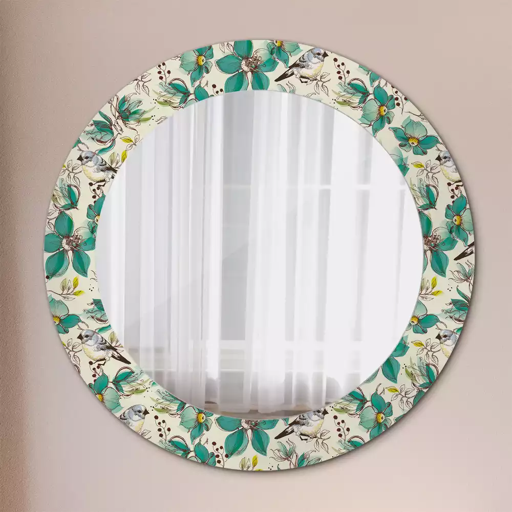 Miroir rond cadre avec impression Fleurs et oiseaux