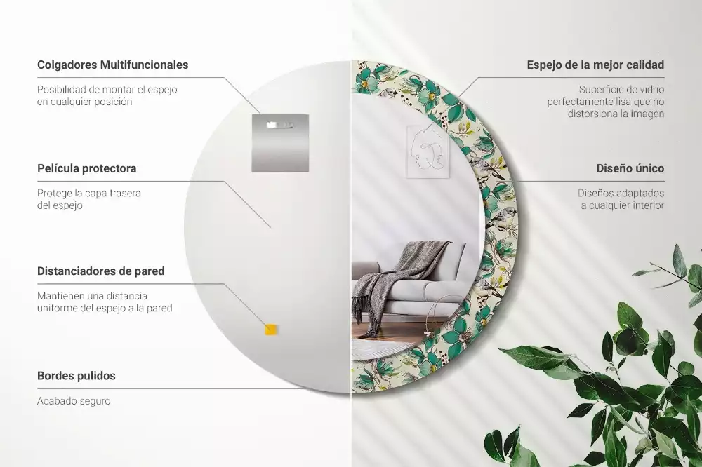 Miroir rond cadre avec impression Fleurs et oiseaux