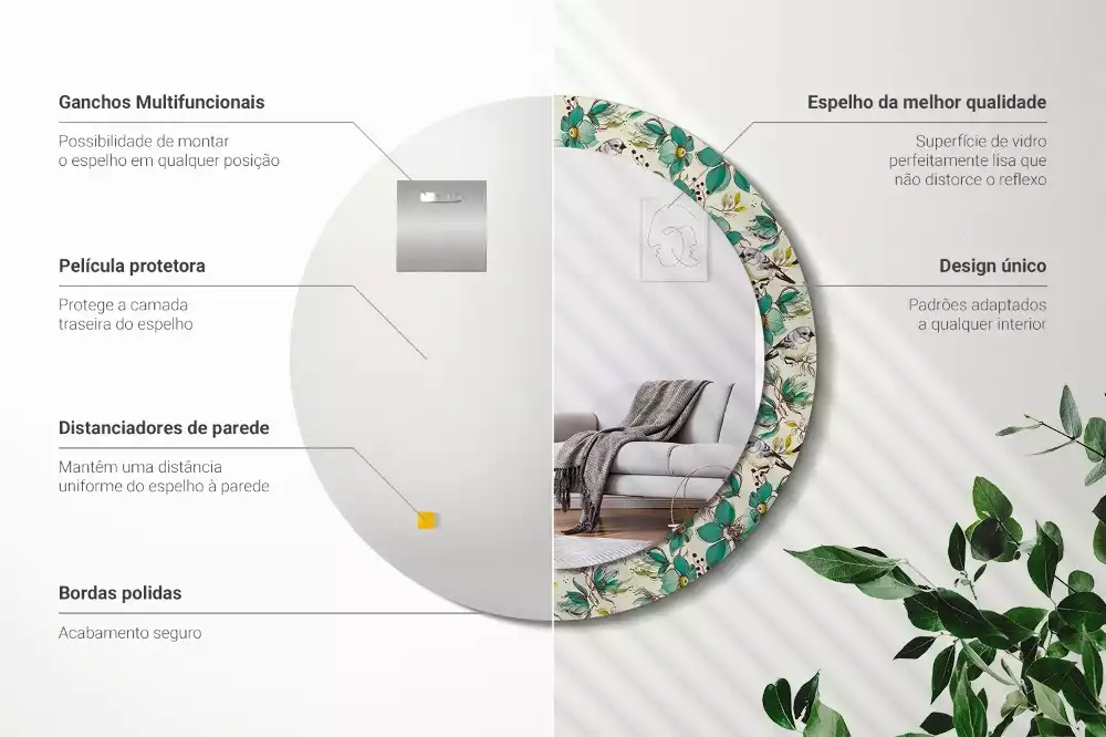 Miroir rond cadre avec impression Fleurs et oiseaux