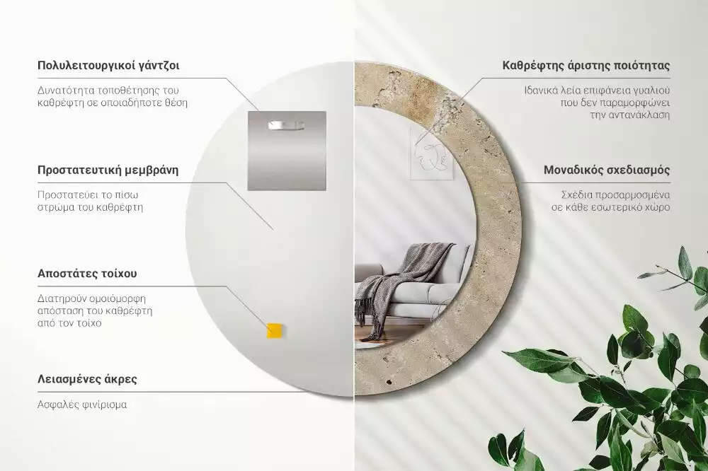 Miroir rond cadre avec impression Imitation pierre