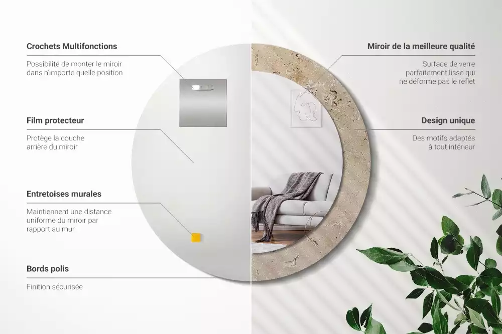 Miroir rond cadre avec impression Imitation pierre